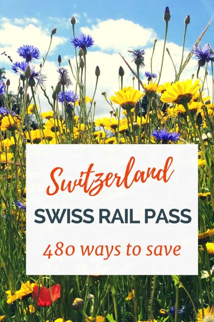Hillside of wildflowers with text overlay "480 ways to save on travel in Switzerland."