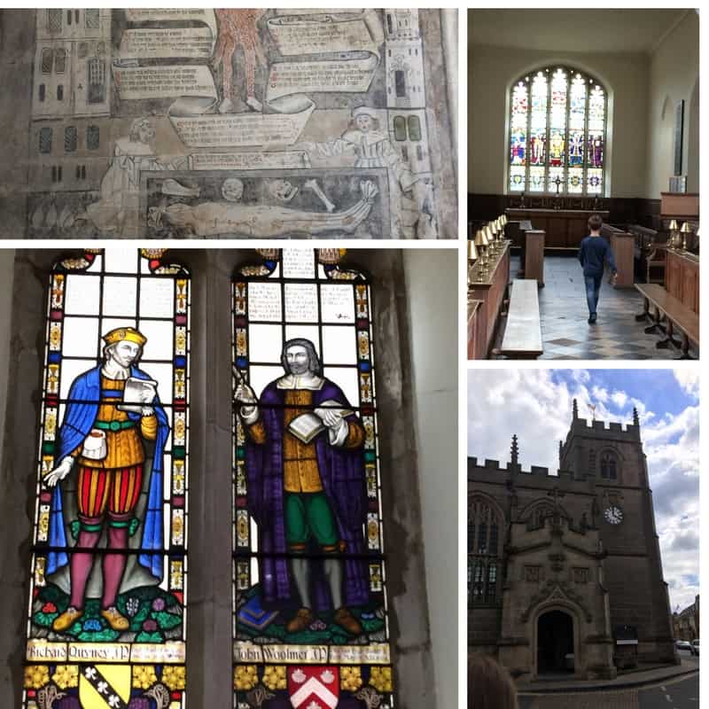 Guild Chapel Collage of images both interior stained glass and exterior steeple and stone entrance at Stratford-Upon-Avon Tips for Bard Approved Family Activities.