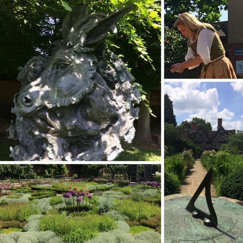 Collage of images at Shakespeare's Birthplace Trust, Stratford-Upon-Avon Tips for Bard Approved Family Activities. Anne Hathaway's Cottage. Shakespeare's Birthplace, Shakespeare's New Place. Hall's Croft, Mary Arden's Farm.