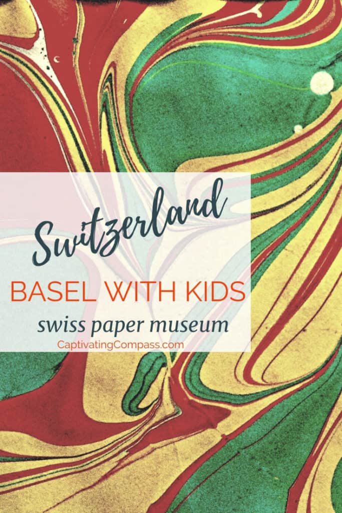 Close up image of handmade marbled paper from a Basel museum with text overlay, "Basel With Kids, Swiss Paper Museum."