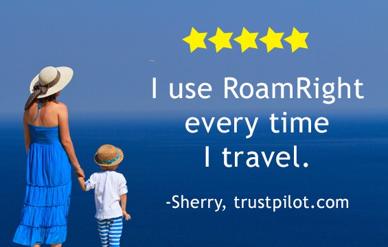 mum and child on beach with text overlay "I use RoamRight every time I travel.