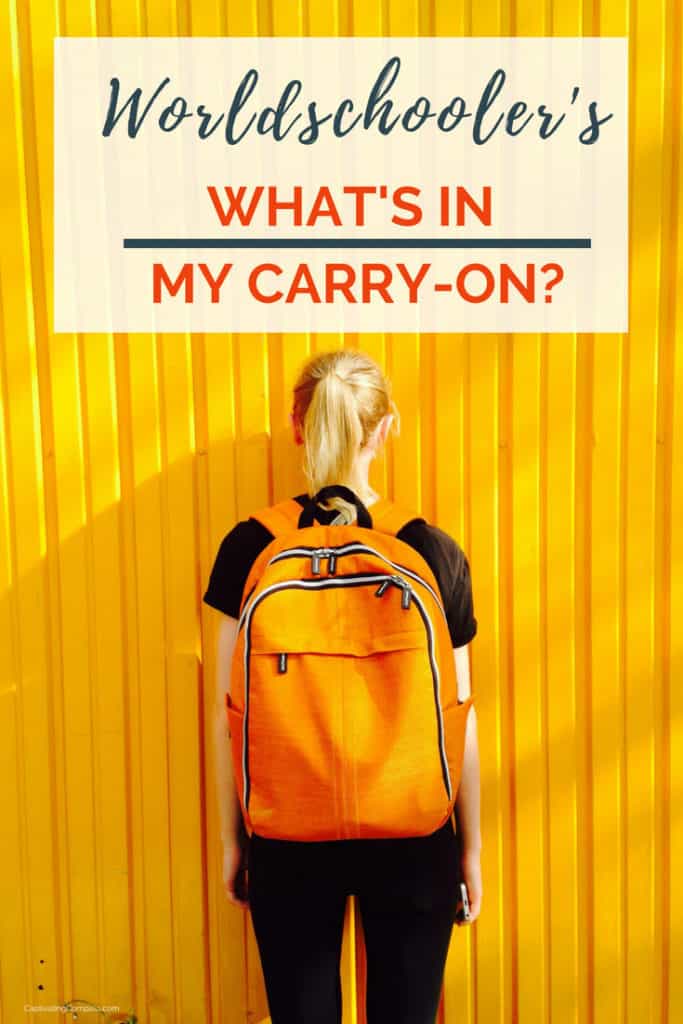 image of girl with orange back pack facing yellow wall. with text overlay Wordschooler's: What's in my backpack at www.captivatingcompass.com