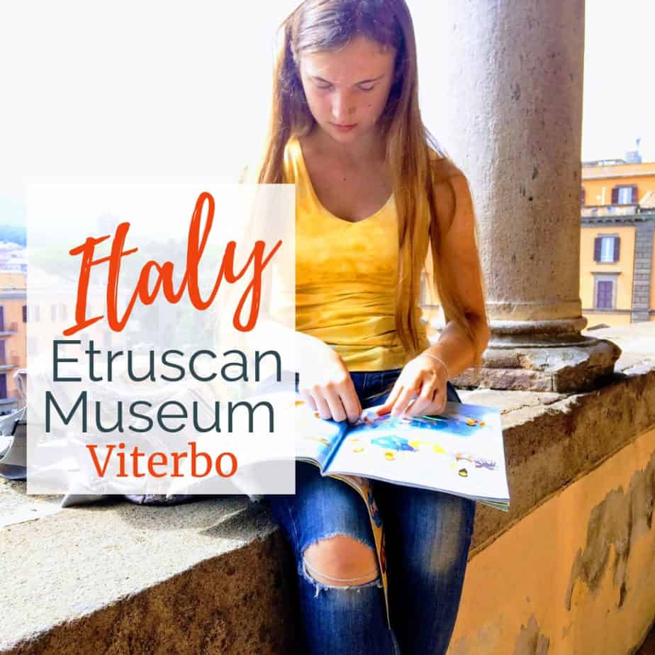 Image of girl sitting on wall at the Etruscan Museum in Viterbo with text overlay - Etruscan Museum, Viterbo Italy
