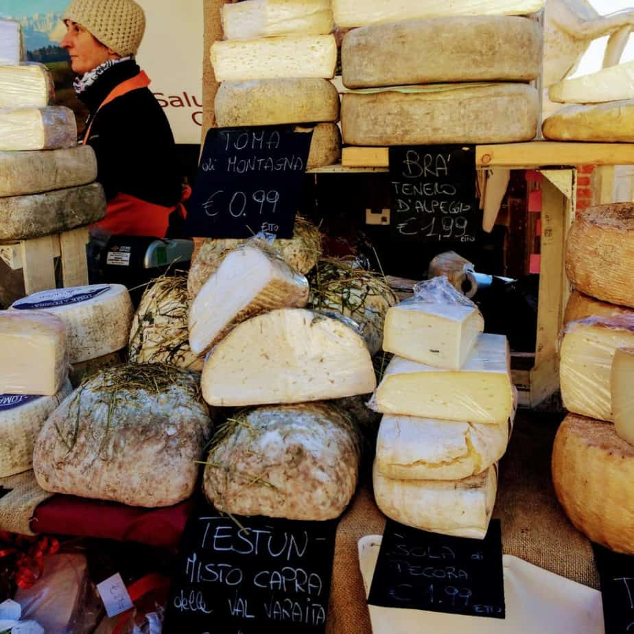 Image of artisan cheese stall taken while shopping in Italy