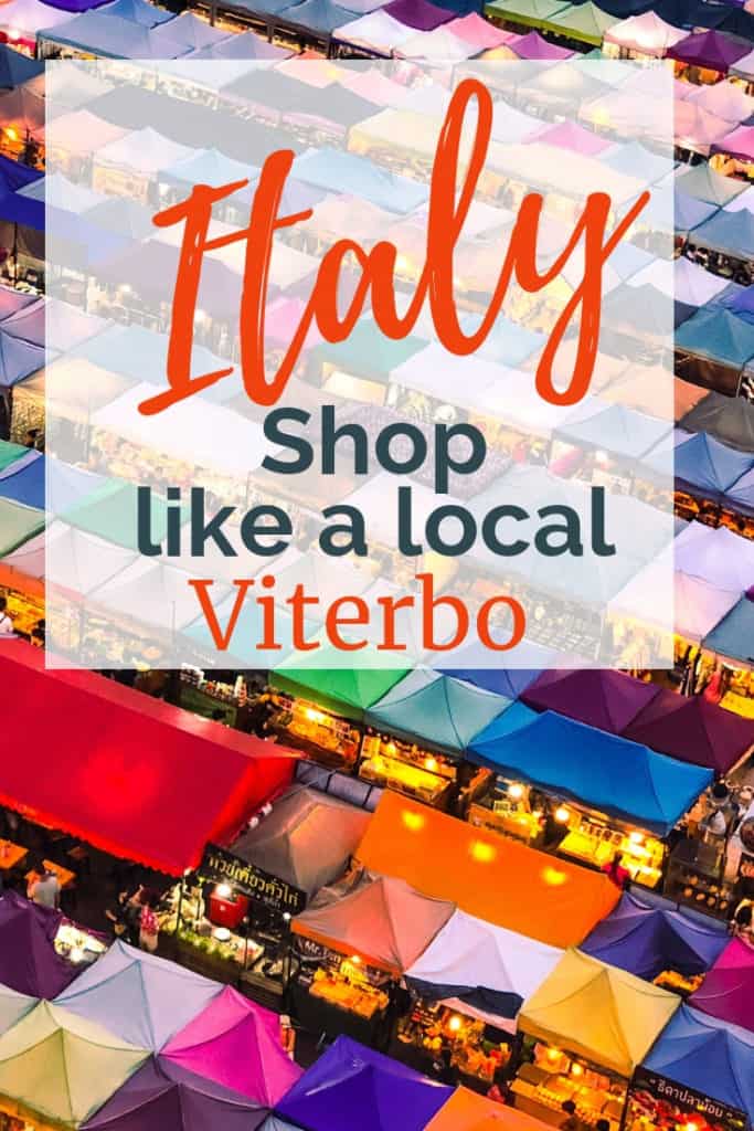 Image of roofs at open air market with multicolored stalls with text overlay - Shopping In Italy - Viterbo like a local.