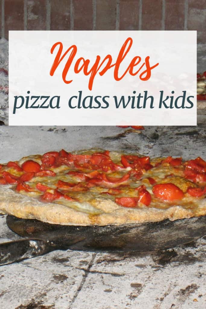 Image of Naples style pizza in ceramic oven with text overlay, Naples pizza class with kids