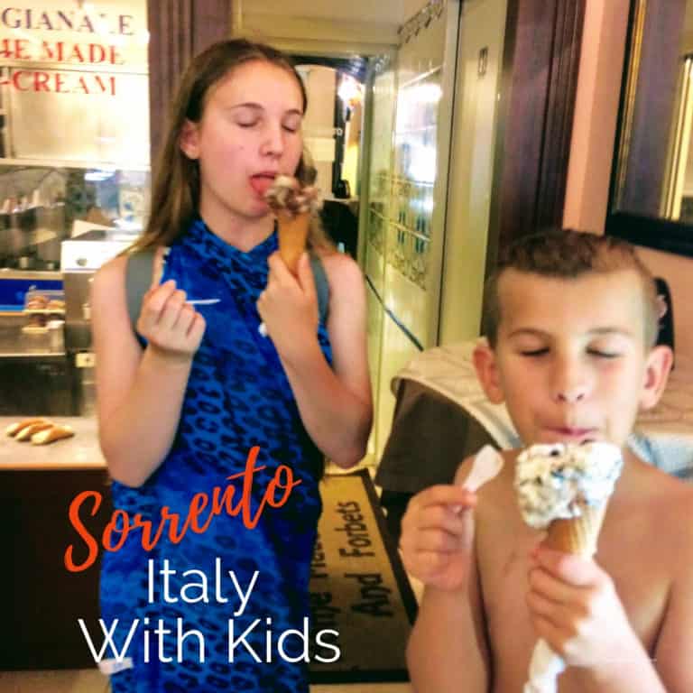 Image of kids eating gelato in Sorrento gelateriawith text overlay Sorrento with Kids