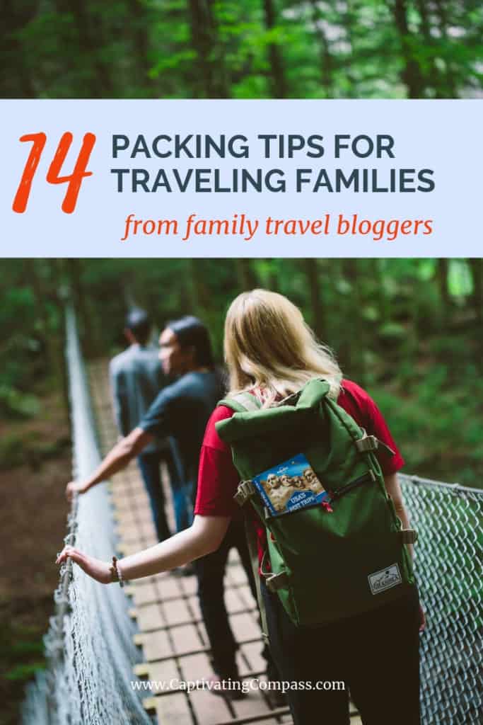 image of hikers with book sticking out of day pack with text overlay: 14 packing tips for traveling families.