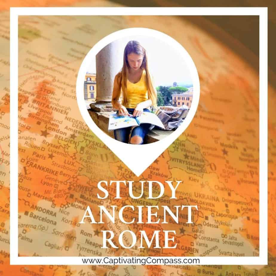 Imageof girl sitting on roman wall with map background and text  overlay. Study Anceint Rome. www.CaptivatingCompass.com