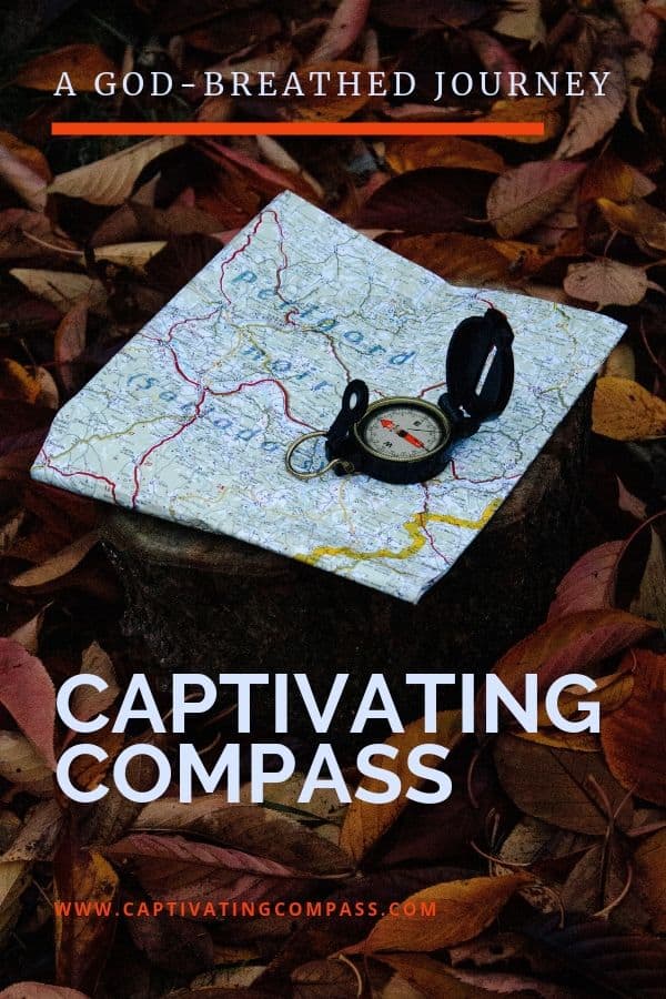 image of compass & map with text overlay. A God-breathed journey. www.CaptivaitngCompass.com