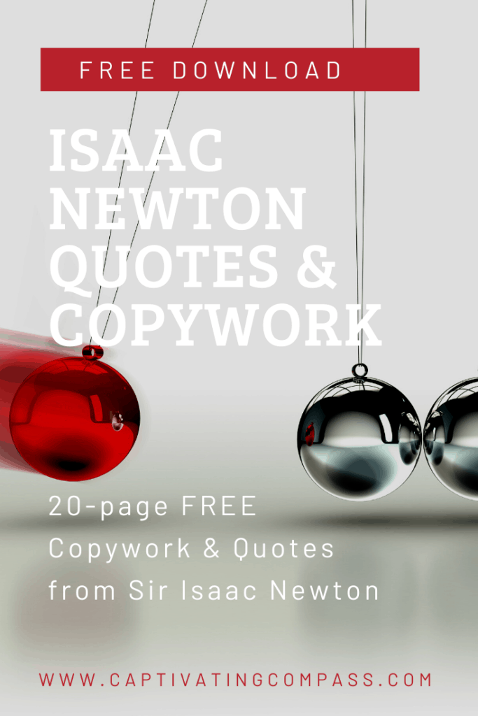 image of pendulum with text overlay. Isaac Newton Quotes & Copywork: 20-page FREE copywork and quotes Sir Isaac Newton at www.captivatingcompass.com