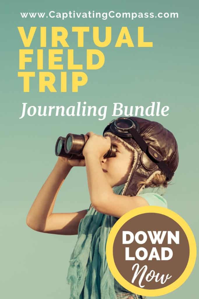 image of child looking through binoculars wearing aviator hat with text overlay. Virtual field trip & virtual museum journaling bundle. Download now at www.captivatingcompass.com