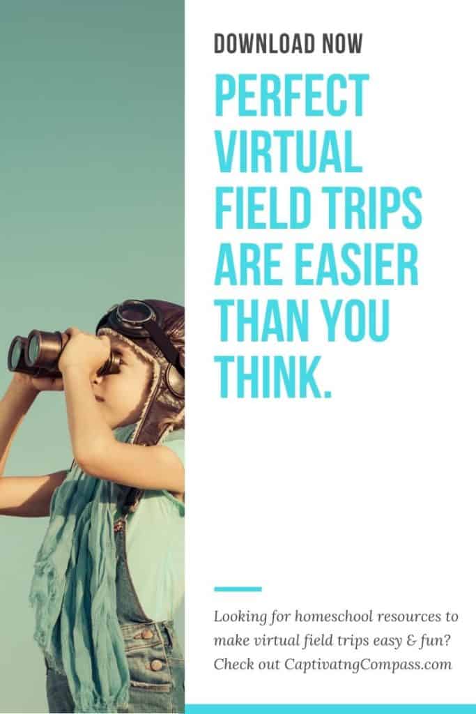 image of child in aviators hat with binoculars with text overlay.  Download Now Perfect Virtual Fild Trips are Easier than you think from www.captivatingcompass.com