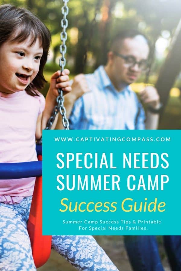 image of special needs kids playing on swings with text overlay. Special Needs Summer Camp Success Guide. Download now from www.CaptivatingCompass.com