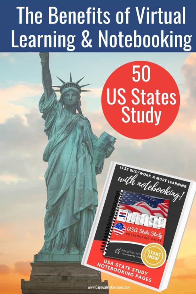 Inage of Statue of Liberty with US State Study Notebooking Binder  with text overlay. The benefits of Virtual Learning & Notebooking. 50 US States Study from www.CaptivatingCompass.com