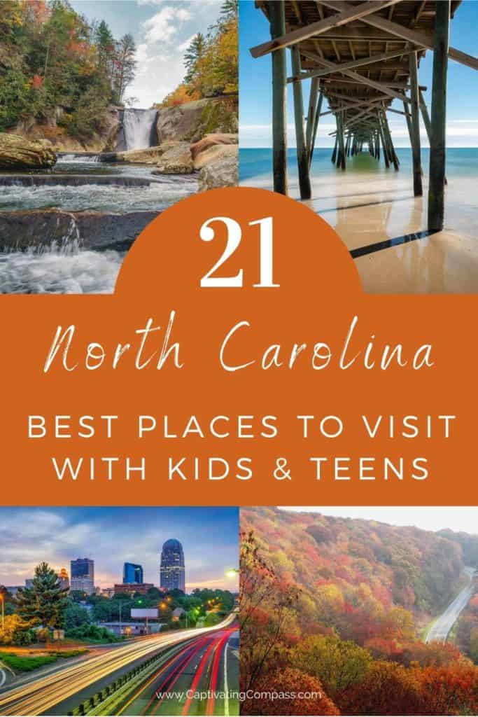 collage image of North Carolina with text overlay Best Places to Visit in North Carolina with Kids & Teens. Homeschool Travel Learn with www.CaptivatingCompass.com