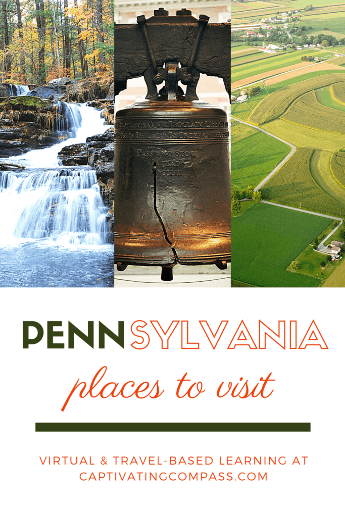 collage image of Pennsylvania places to vist with text overlay. Virtual & travel Based Learniing at captivatingcompass.com
