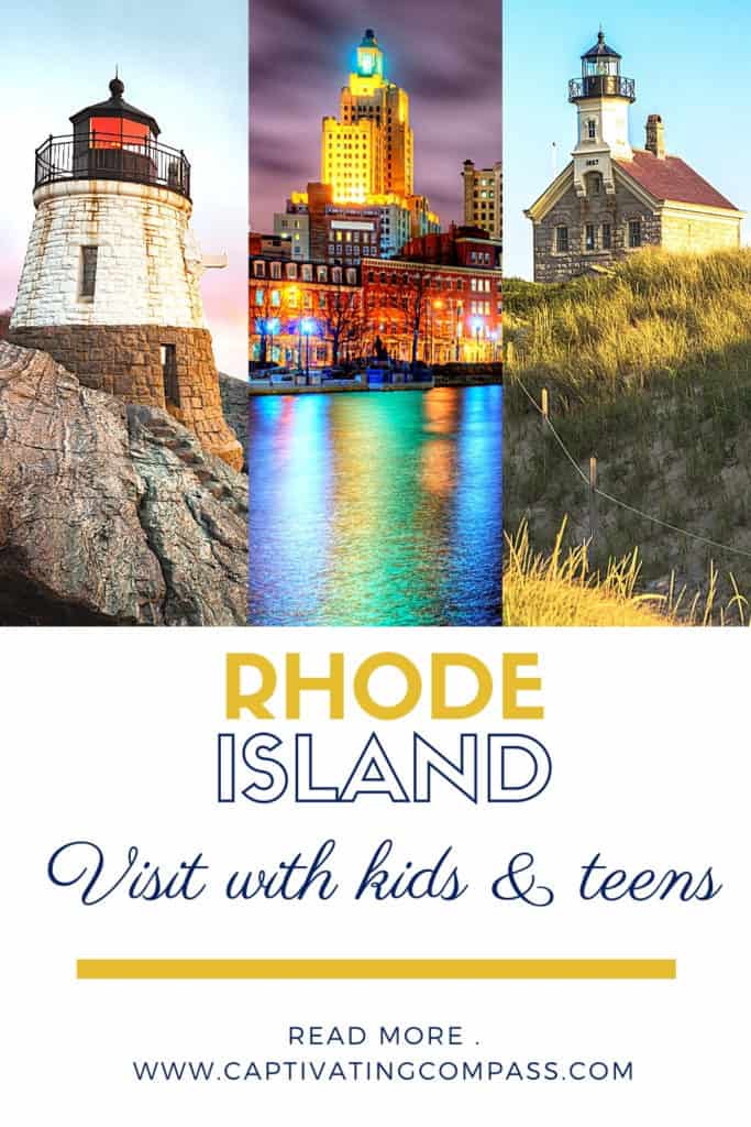 collage image of Rhode Island  with text overlay Best Places to Visit in Rhode Island with Kids & Teens. Homeschool Travel Learn with www.CaptivatingCompass.com