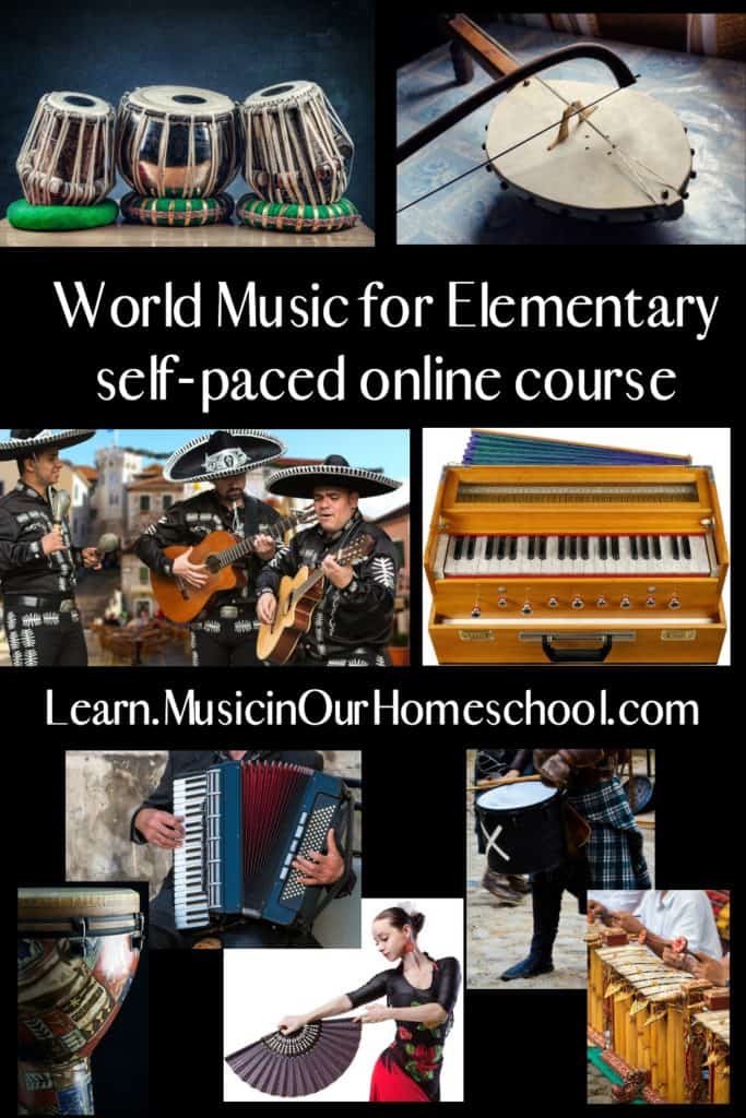 image of international music instruments with text overlay. World Music for elementary. Selfpaced online courses from Music in our Homescool, on www.captivatingcompass.com