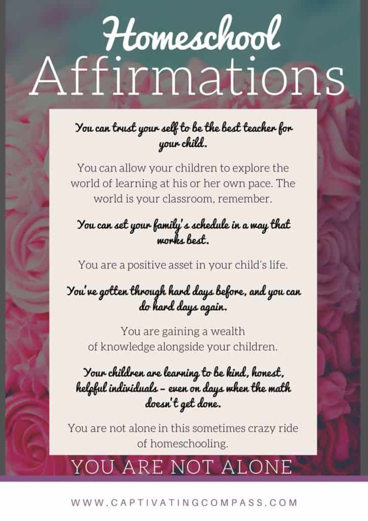 image of pink cake with text overlay. Homeschool affirmations. You are not alone. Printable from www.CaptivatingCompass.com