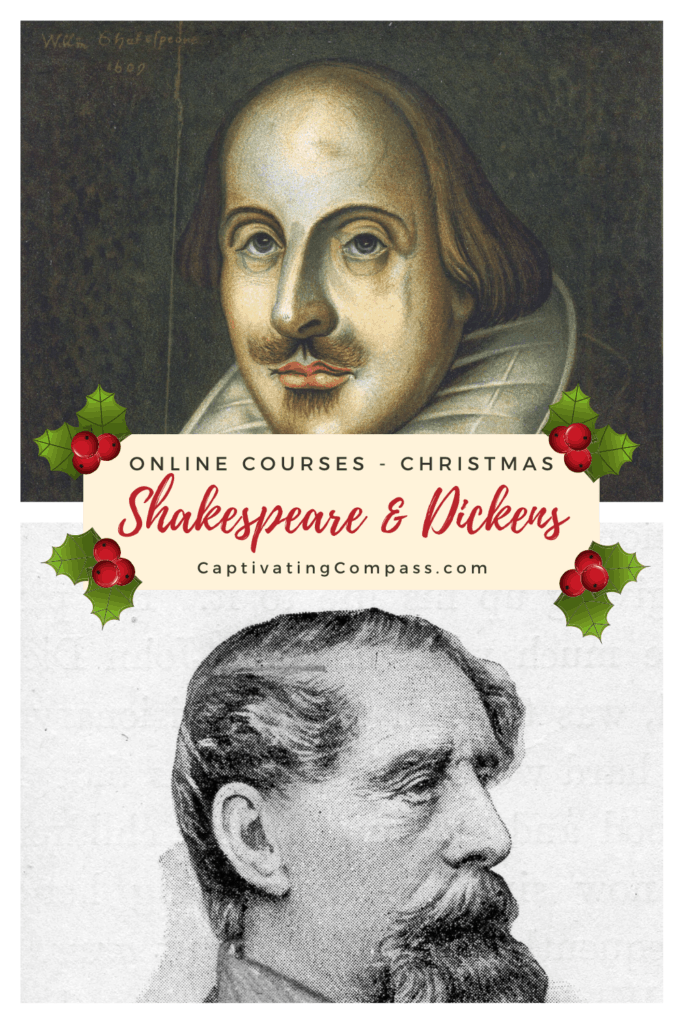 image of Dickens, Shakespeare and Tudor street with text overlay Christmas in Great Britain. Medieval & Victorian Christmas Online courses from www.CaptivatingCompass.com