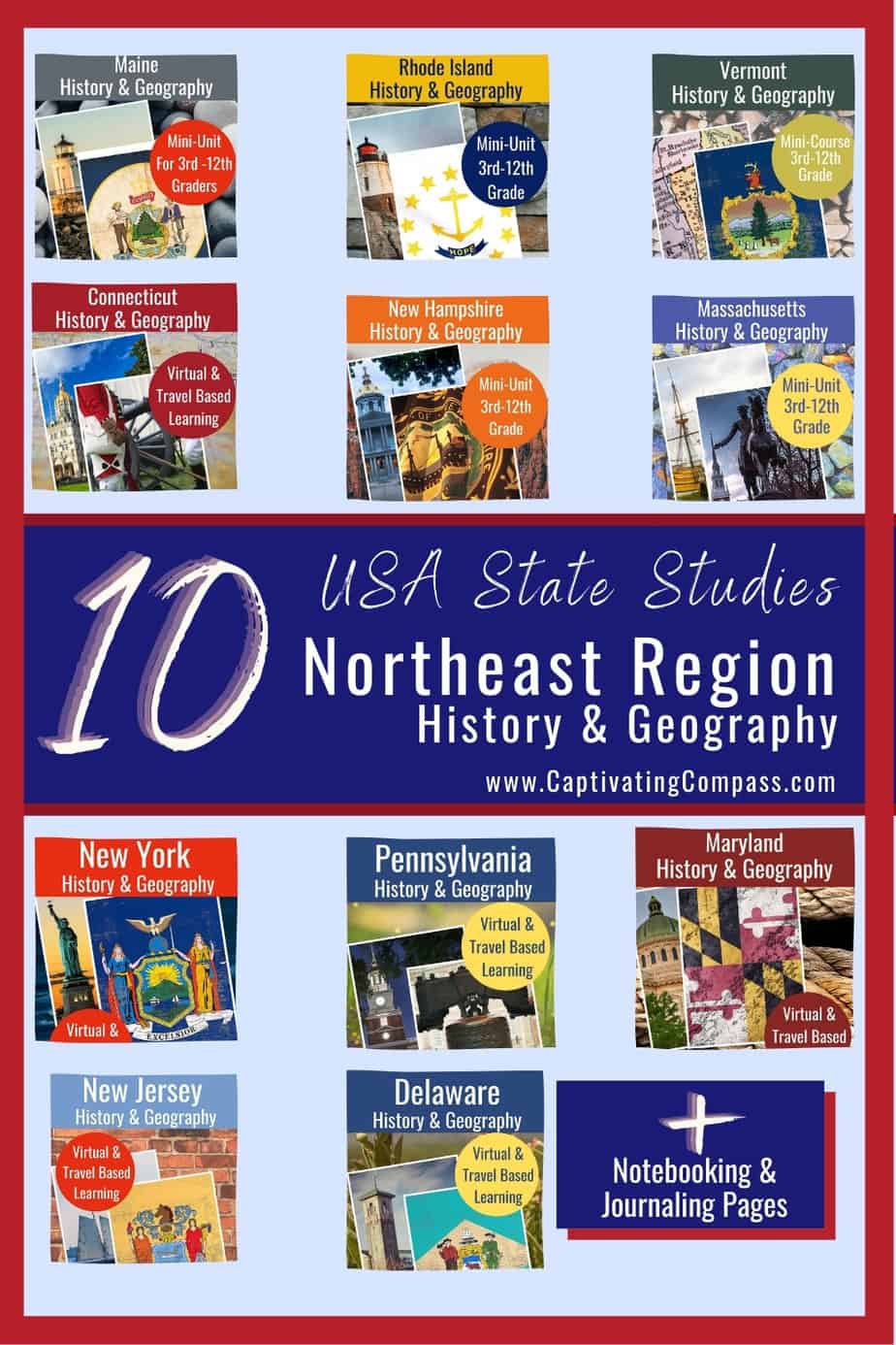 image of 10 Northeast USA state study packs from CaptivatingCompass.com