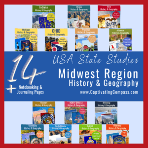 collage image of USA State study packs of 14 of the United States of America with text overlay.14 USA State Studies: Midwest Region History & Geography. A Comprehensive 14-State Bundle from www.CaptivatingCompass.com