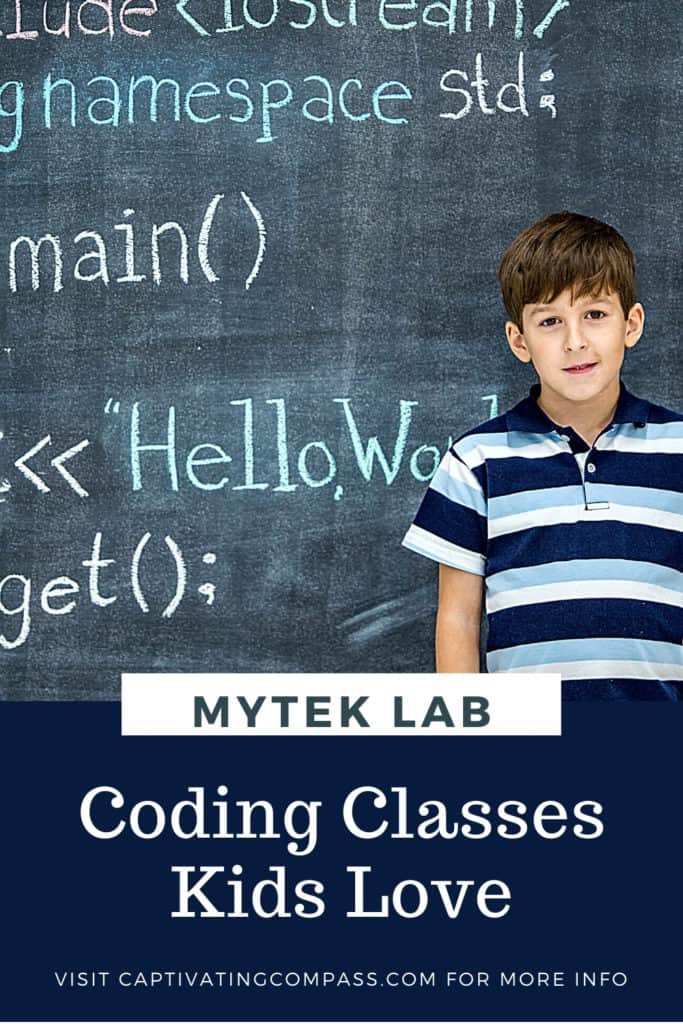 image of boy infront of chalkboard with computer coding. Textoverlay says MYTEK LAB Coding lasses Kids Love from www.CaptivatingCompass.com