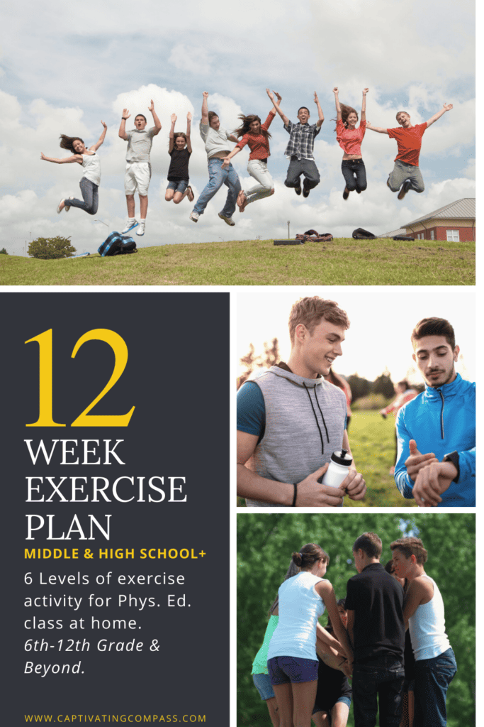 images of teens having fun exercising using the High School PE Curriculum for homeschoolers. A 12week fitness plan from CaptivatingCompass.com