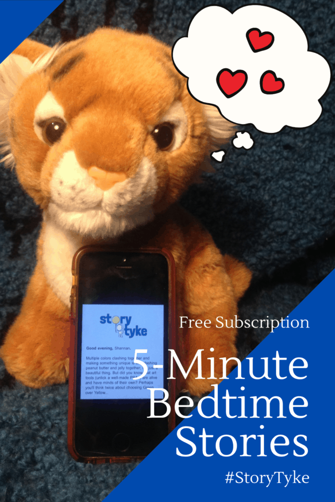 image of stuffed animal with mobile phone showig 5-minute be time stories from Story Tyke with text overlay.  Free Subscription #StoryTyke from www.CaptivatingCompass.com