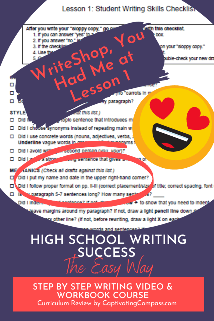 image of WriteShop workshett with text overlay, WriteShop, You  had me at Lesson 1. Highschool Writing Succes the easy way. A curriculum review by CaptivatingCompass.com