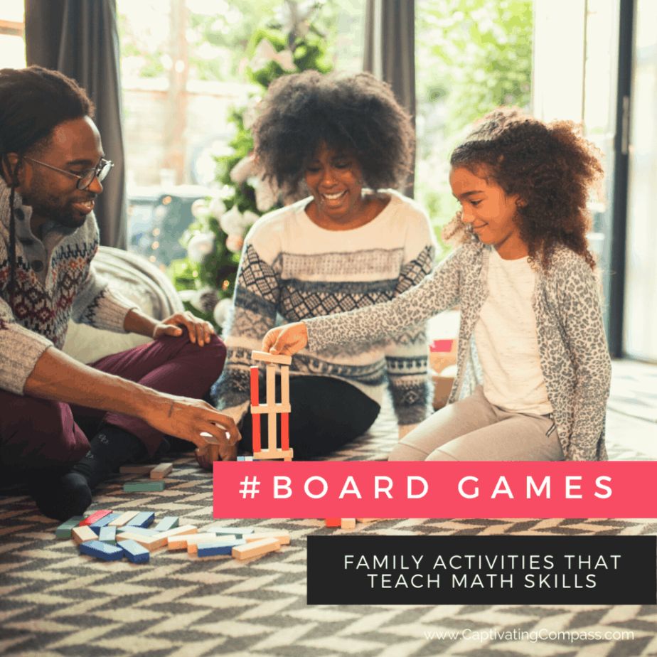 Image of family playing a game with text overlay. #boardgames Have fun learning together with these eight family activities that are fun ways to teach math skills. Make learning fun in your homeschool with Captivating Compass & CTC mth