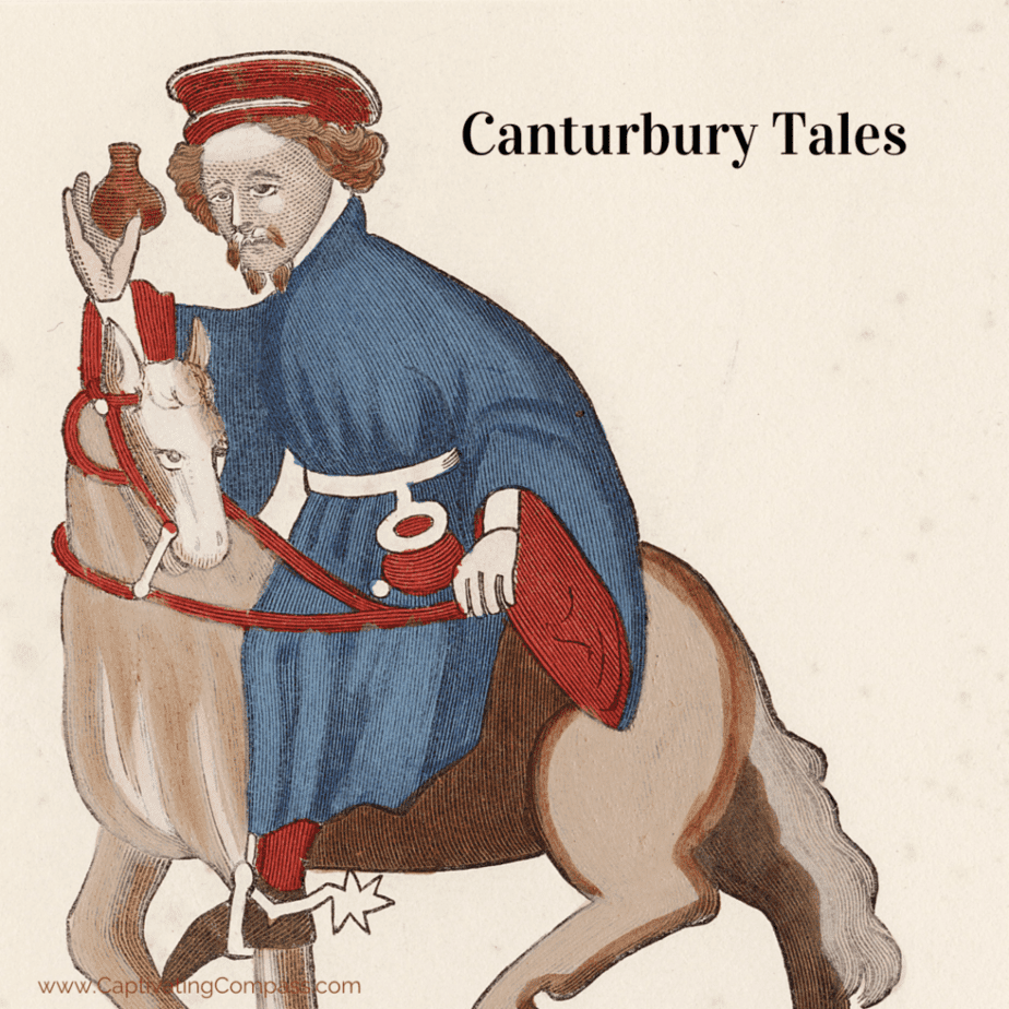 image of medieval man on horse with text overlay: Canturbury Tales. High school British Literature curriculum  from www.captivatingcompass.com