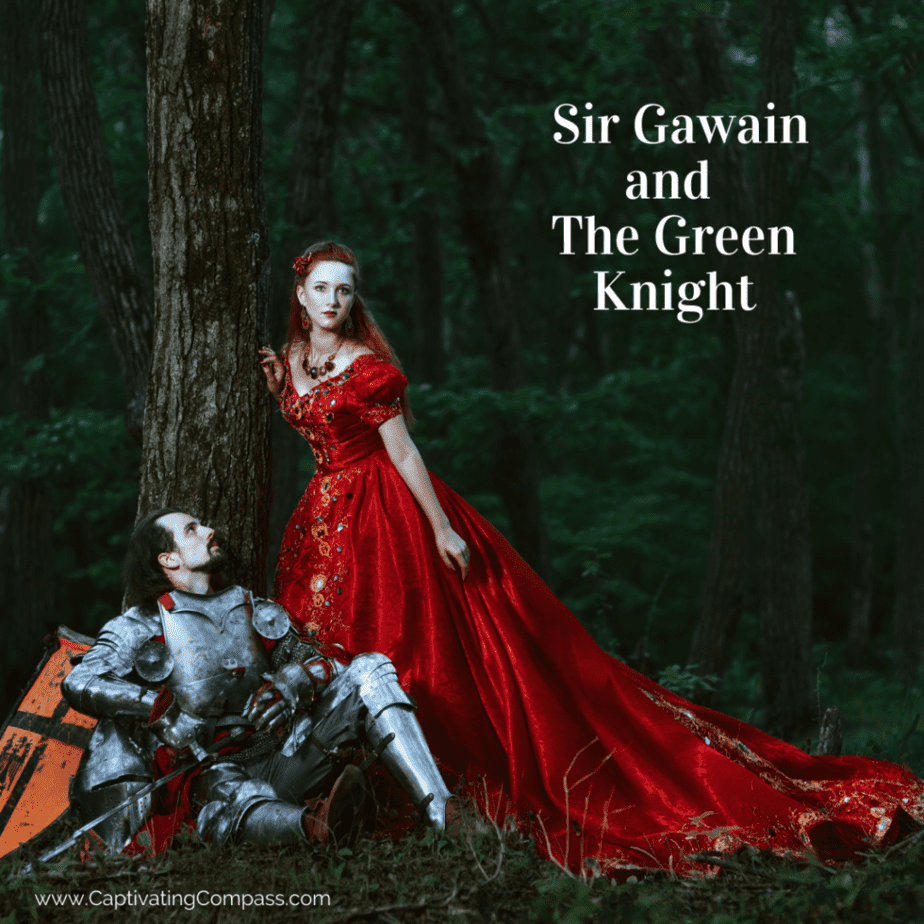image of medieval knnight & lady undera tree with text overlay: Sir Gawain& The Green Knight. High school British Literature curriculum from www.captivatingcompass.com