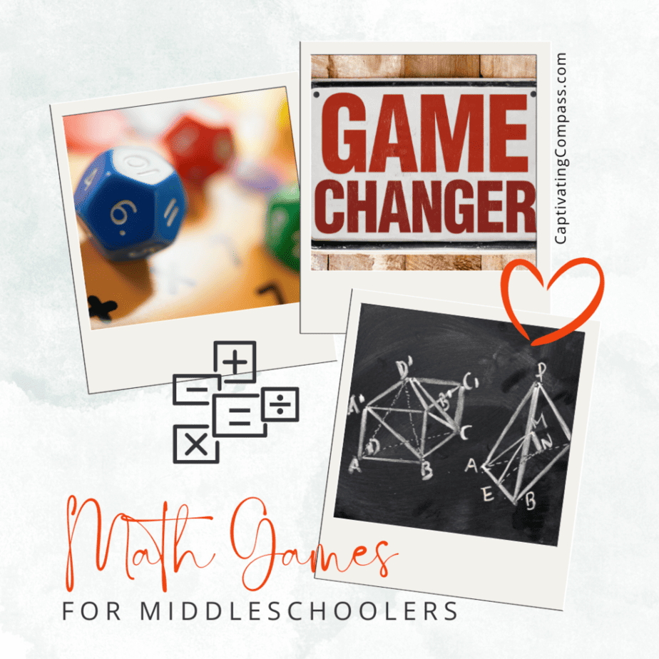 Image of  math games with text overlay. Math Games for Middleschoolers from CaptivatingCompass.com. Here is a selection of fun math games for middle school homeschool students to make math fun and encourage problem-solving.