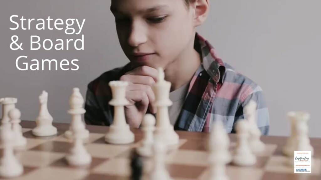 Image of  student palying chess with text overlay: Strategy & Board Games for Middleschoolers from CaptivatingCompass.com. Here is a selection of fun math games for middle school homeschool students to make math fun and encourage problem-solving.