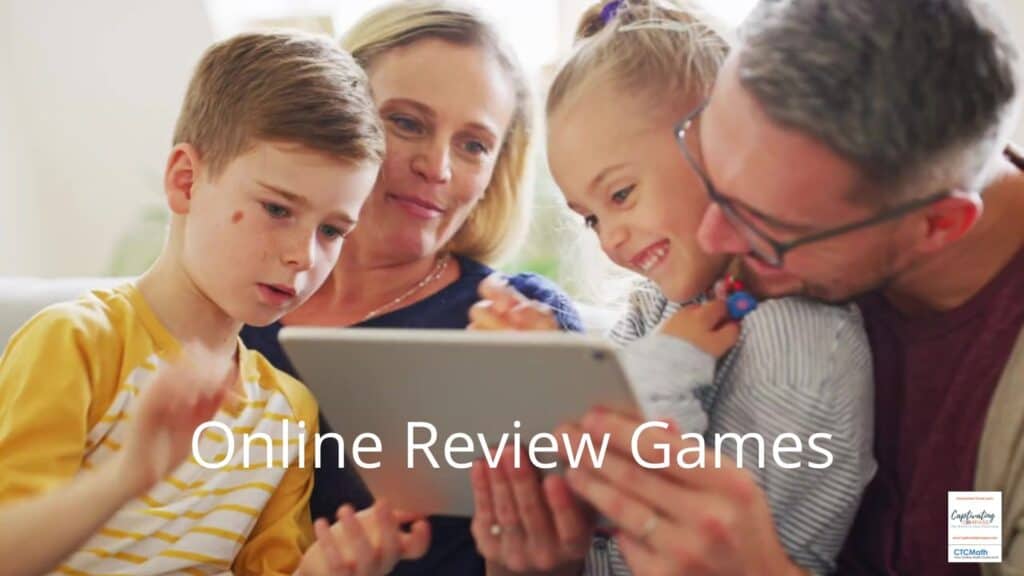 Image of  homeschool family with text overlay:  Online Review Games for homeschoolers from CaptivatingCompass.com. 