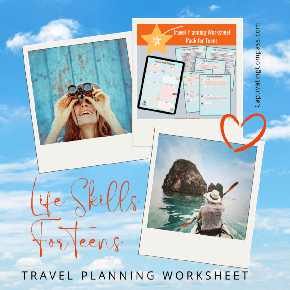 collage image of the trip planning worksheet pack for teens. Homeschool, travel and learn using the world as your classroom with www.captivatingcompass.com