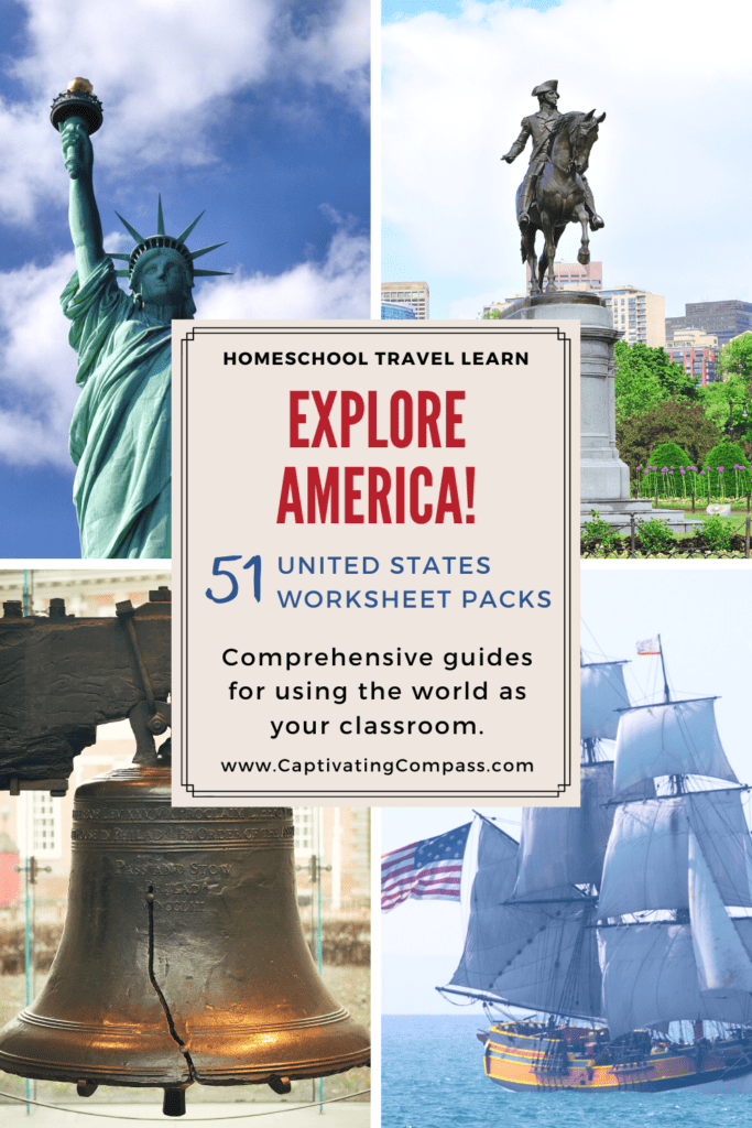 collage image of famous USA landmarks with text overlay. Explore America! 51 United States Worksheet Packs from CaptivatingCompass.com