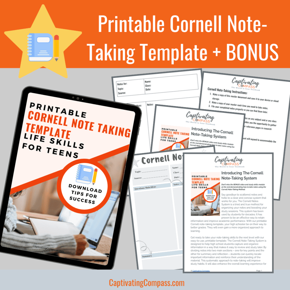 image of Printable Cornell Note Taking Template pack.  Life Skills for Teens from CaptivatingCompass.com