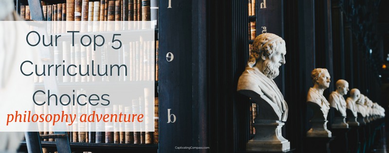 Old library with statues of the great thinkers. Text overlay ' our top 5 curriculum choices: Philosophy Adventure.